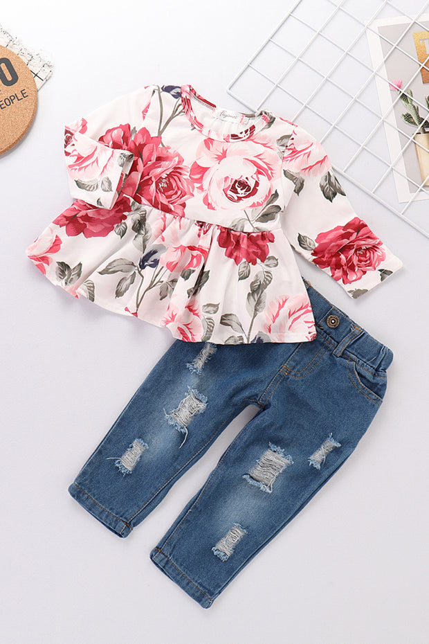 Girls Floral Babydoll Top and Jeans Set