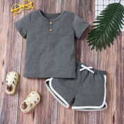 Round Neck Buttoned T-Shirt and Shorts Set