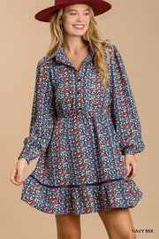 Bohemian Collared neckline button down floral print dress with crochet trimmed details