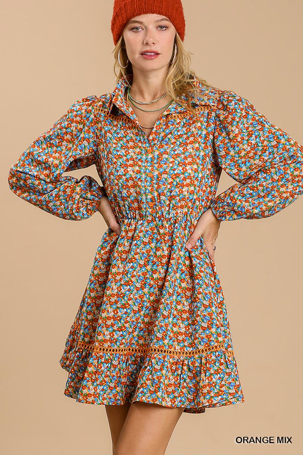 Bohemian Collared neckline button down floral print dress with crochet trimmed details